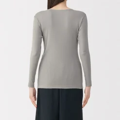 Sale Muji Camiseta manga larga con cuello en crew de algodón cálido para mujer