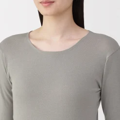 Sale Muji Camiseta manga larga con cuello en crew de algodón cálido para mujer