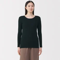 Sale Muji Camiseta manga larga con cuello en crew de algodón cálido para mujer
