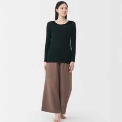 Sale Muji Camiseta manga larga con cuello en crew de algodón cálido para mujer