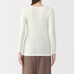 Sale Muji Camiseta manga larga con cuello en crew de algodón cálido para mujer
