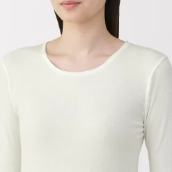 Sale Muji Camiseta manga larga con cuello en crew de algodón cálido para mujer