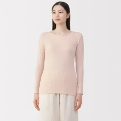 Sale Muji Camiseta manga larga con cuello en crew de algodón cálido para mujer