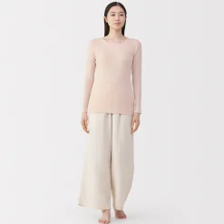 Sale Muji Camiseta manga larga con cuello en crew de algodón cálido para mujer