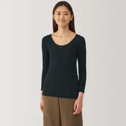 Muji Camiseta manga larga con cuello en U de algodón cálido para mujer