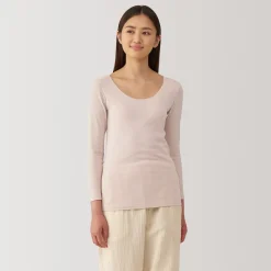 Muji Camiseta manga larga con cuello en U de algodón cálido para mujer