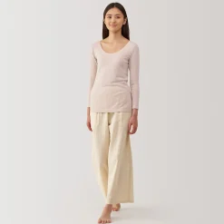 Muji Camiseta manga larga con cuello en U de algodón cálido para mujer