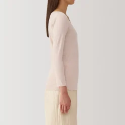 Muji Camiseta manga larga con cuello en U de algodón cálido para mujer
