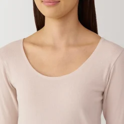 Muji Camiseta manga larga con cuello en U de algodón cálido para mujer