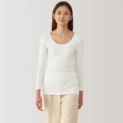 Muji Camiseta manga larga con cuello en U de algodón cálido para mujer