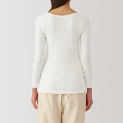 Muji Camiseta manga larga con cuello en U de algodón cálido para mujer
