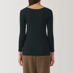 Muji Camiseta manga larga con cuello en U de algodón cálido para mujer