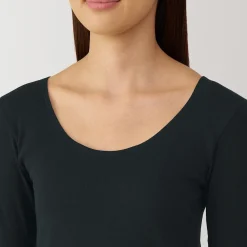 Muji Camiseta manga larga con cuello en U de algodón cálido para mujer