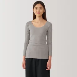 Muji Camiseta manga larga con cuello en U de algodón cálido para mujer