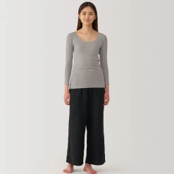 Muji Camiseta manga larga con cuello en U de algodón cálido para mujer