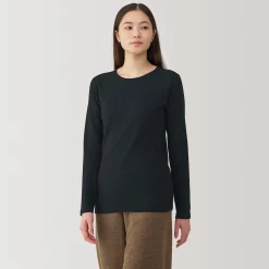 Clearance Muji Camiseta manga larga con cuello redondo de algodón cálido y lana para mujer