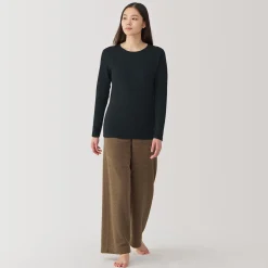 Clearance Muji Camiseta manga larga con cuello redondo de algodón cálido y lana para mujer