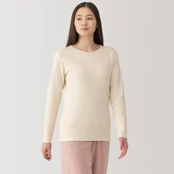 Clearance Muji Camiseta manga larga con cuello redondo de algodón cálido y lana para mujer