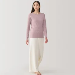 Clearance Muji Camiseta manga larga con cuello redondo de algodón cálido y lana para mujer