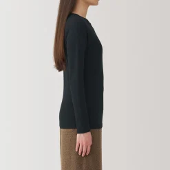 Clearance Muji Camiseta manga larga con cuello redondo de algodón cálido y lana para mujer