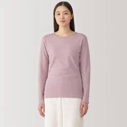 Clearance Muji Camiseta manga larga con cuello redondo de algodón cálido y lana para mujer