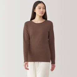 Clearance Muji Camiseta manga larga con cuello redondo de algodón cálido y lana para mujer