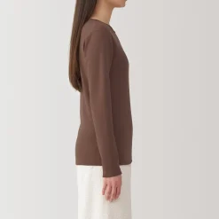 Clearance Muji Camiseta manga larga con cuello redondo de algodón cálido y lana para mujer