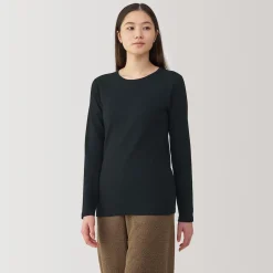 Clearance Muji Camiseta manga larga con cuello redondo de algodón cálido y lana para mujer