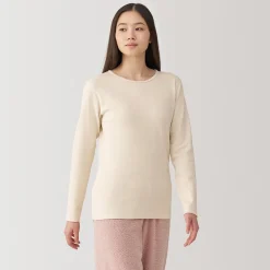 Clearance Muji Camiseta manga larga con cuello redondo de algodón cálido y lana para mujer