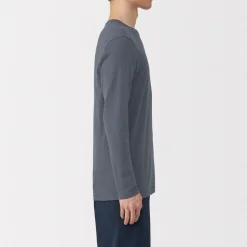 Online Muji Camiseta manga larga con cuello en crew de algodón cálido para hombre