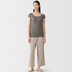 Hot Muji Camiseta top sujetador lisa en mezcla de lyocell con manga de casquillo para mujer