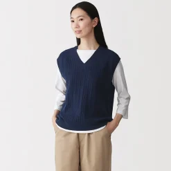 Hot Muji Chaleco de trenza de punto en mezcla de algodón para mujer