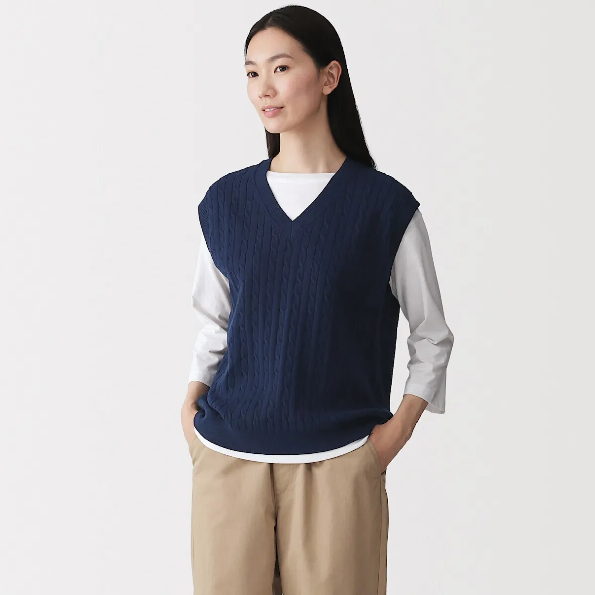 Hot Muji Chaleco de trenza de punto en mezcla de algodón para mujer