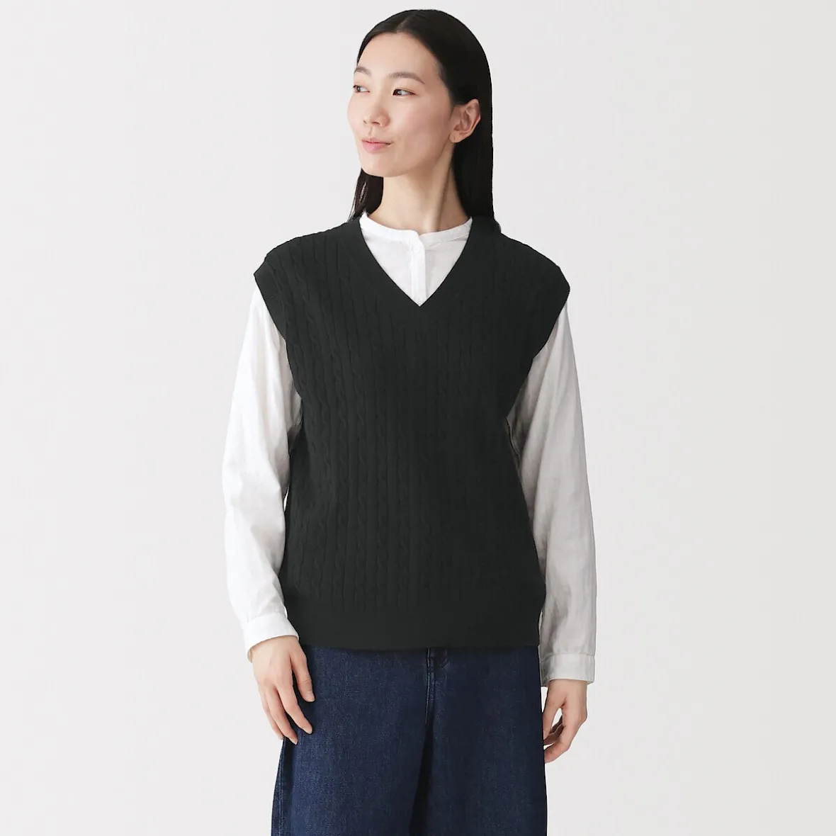 Hot Muji Chaleco de trenza de punto en mezcla de algodón para mujer