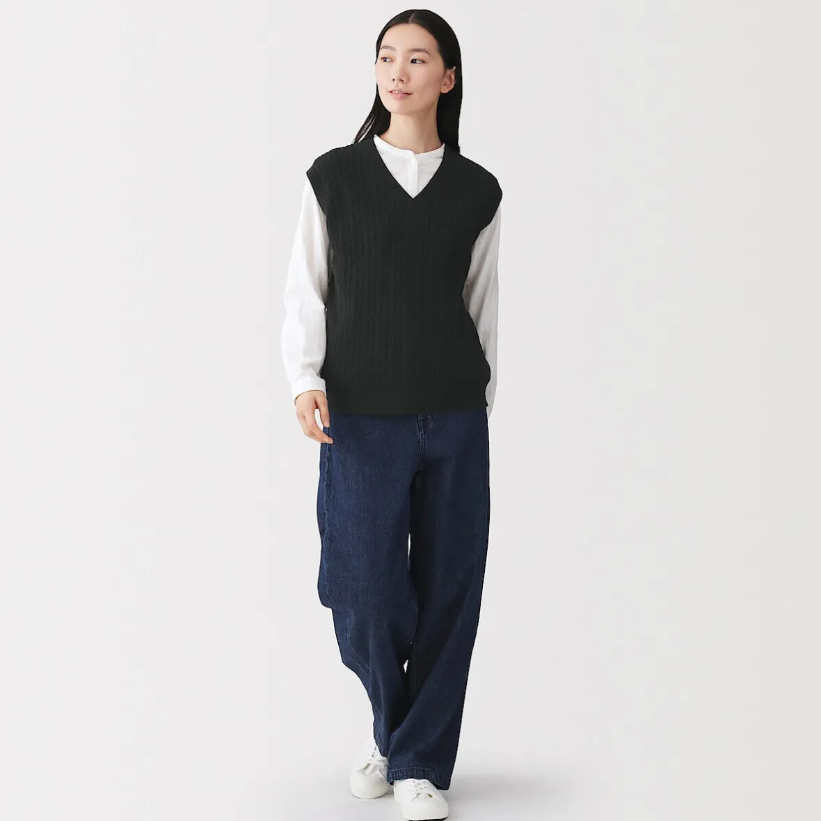 Hot Muji Chaleco de trenza de punto en mezcla de algodón para mujer