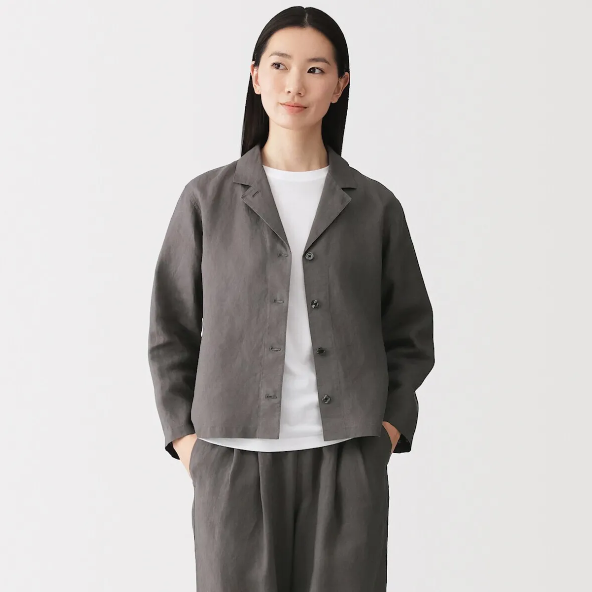 Muji Chaqueta camisera de lino lavado para mujer