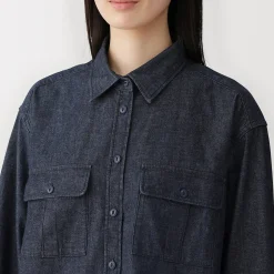 New Muji Chaqueta camisera ligera de tejido vaquero y mezcla de kapok para mujer Azul Marino Oscuro