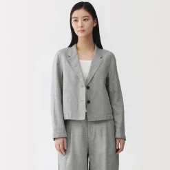 Sale Muji Chaqueta corta con patrón de espina de pez de mezcla de lino para mujer Gris