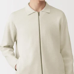 Outlet Muji Cárdigan con cremallera y cuello de canalé de punto milano de algodón para hombre
