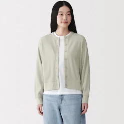 Clearance Muji Cárdigan de punto de algodón y tejido waffle con cuello redondo para mujer