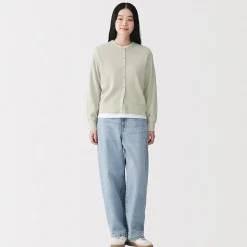 Clearance Muji Cárdigan de punto de algodón y tejido waffle con cuello redondo para mujer
