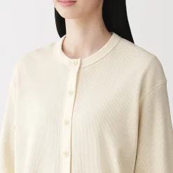 Clearance Muji Cárdigan de punto de algodón y tejido waffle con cuello redondo para mujer
