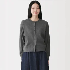 Clearance Muji Cárdigan de punto de algodón y tejido waffle con cuello redondo para mujer