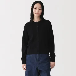 Clearance Muji Cárdigan de punto de algodón y tejido waffle con cuello redondo para mujer