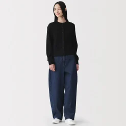 Clearance Muji Cárdigan de punto de algodón y tejido waffle con cuello redondo para mujer