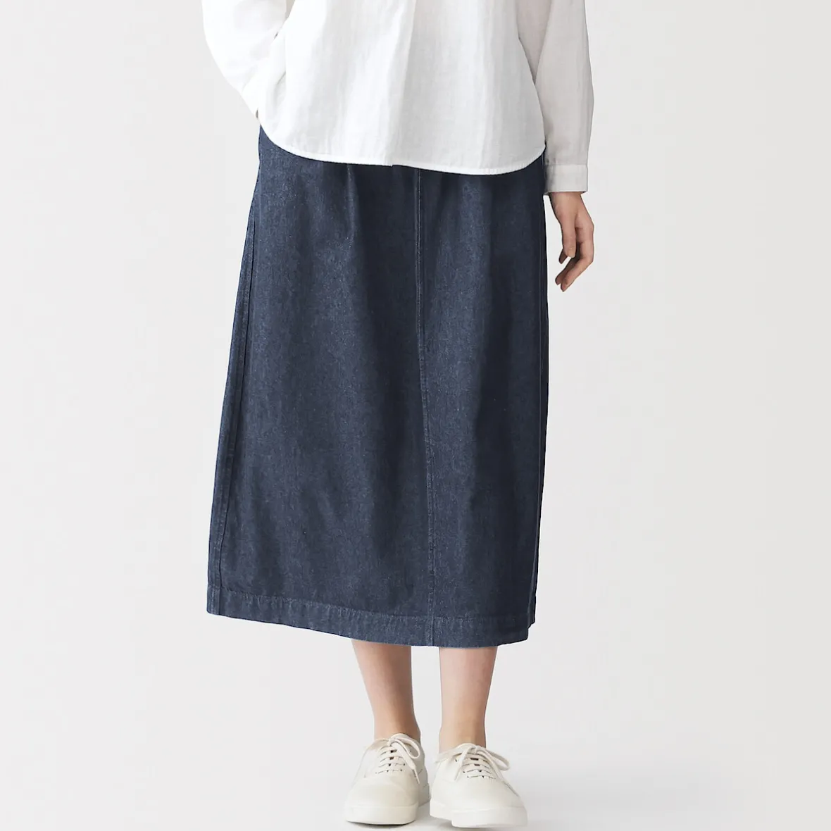 Discount Muji Falda cómoda de corte midi y tejido vaquero lavado para mujer Azul Marino Oscuro