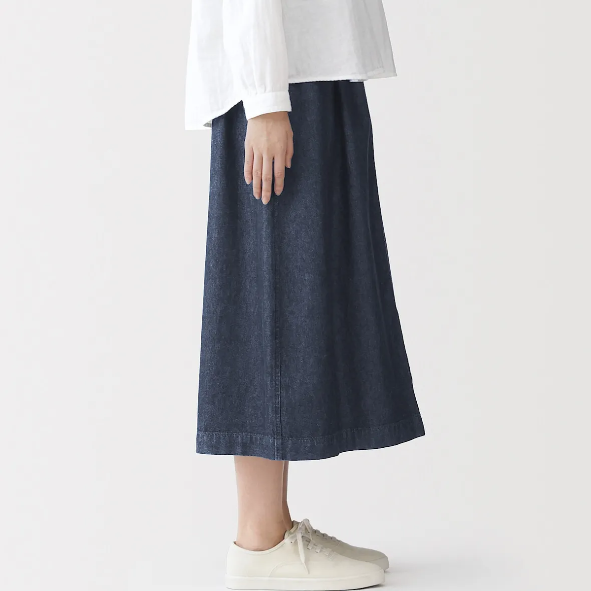 Discount Muji Falda cómoda de corte midi y tejido vaquero lavado para mujer Azul Marino Oscuro