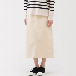 Muji Falda midi de pana elástica con cintura alta para mujer