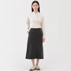Muji Falda midi de pana elástica con cintura alta para mujer