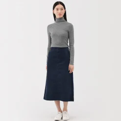 Muji Falda midi de pana elástica con cintura alta para mujer